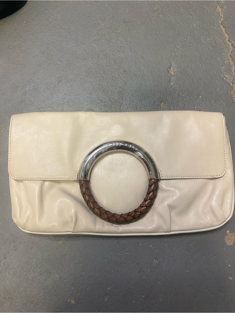 Michael Kors Cream Leather Clutch with Braided Ring Handle